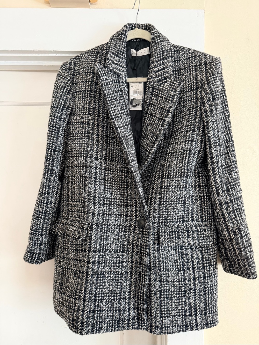 Mango Black & White Plaid Single-Button Blazer Coat